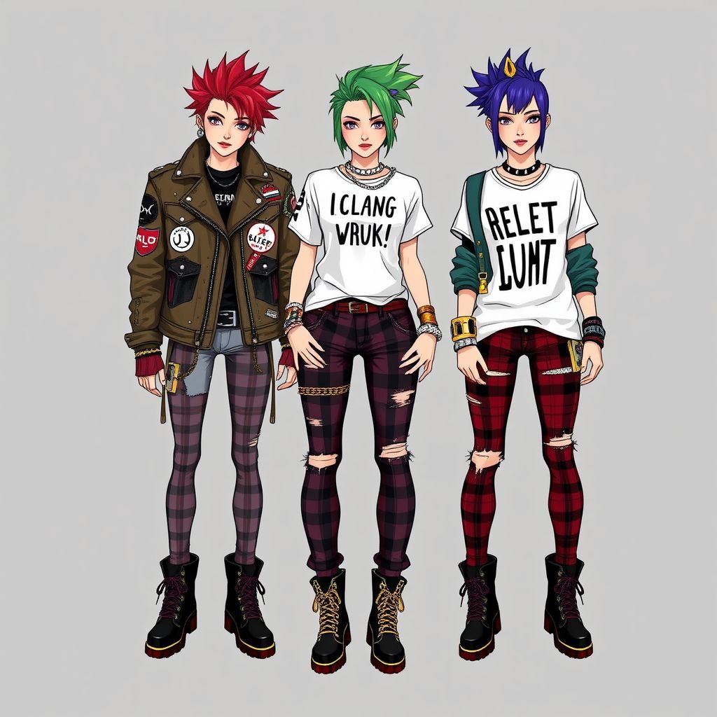 I like that. Just make it longer
Design a bold punk-inspired outfit featuring a distressed leather jacket adorned with rebellious patches, spikes, and chains. Pair it with a graphic tee that embodies edgy slogans, tartan plaid trousers with ripped accents, and combat boots. Accessorize with chunky bracelets, safety pins, and colorful hair spikes for a fierce statement.