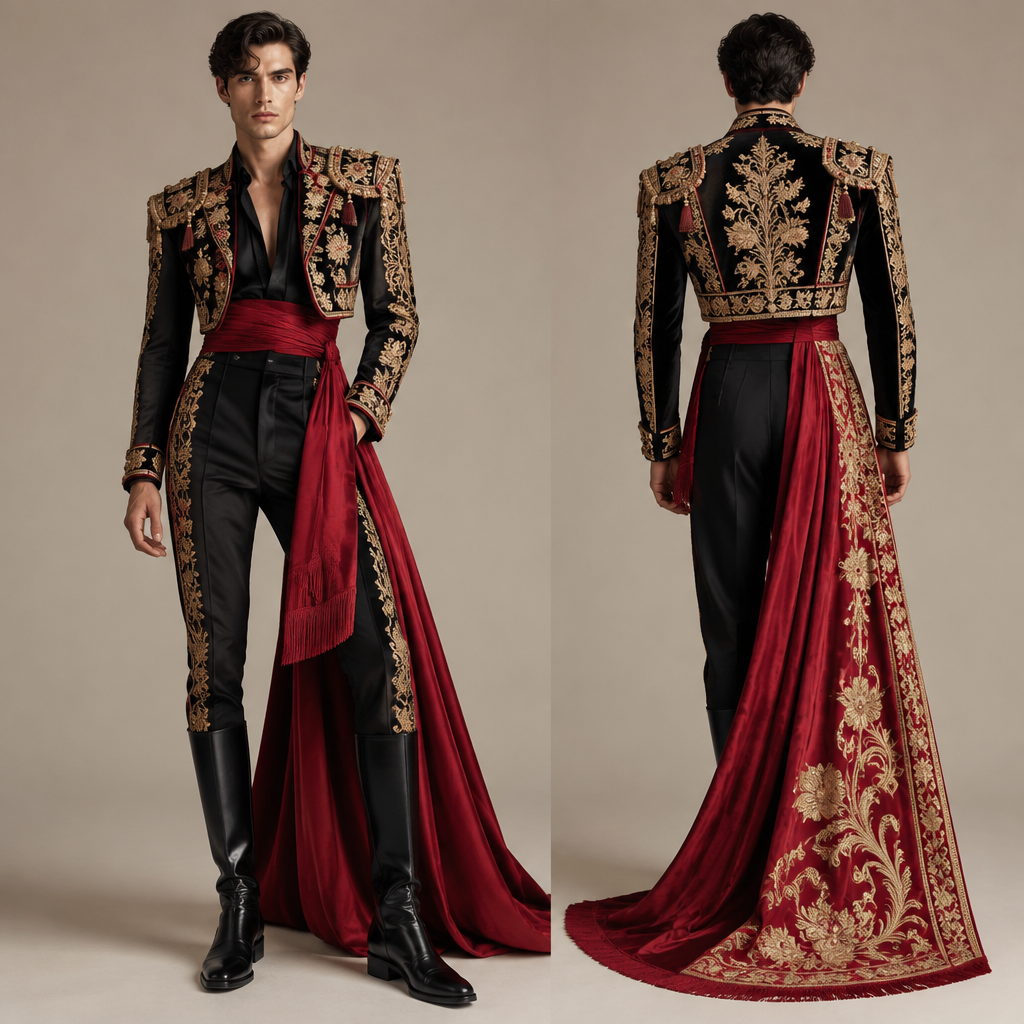 Men’s couture inspired by a traditional dress from Spain and make it Vogue inspired
photorealistic fashion design, Men’s couture inspired by a traditional dress from Spain and make it Vogue inspired, masculinecore style, just the design no text, show front and back
