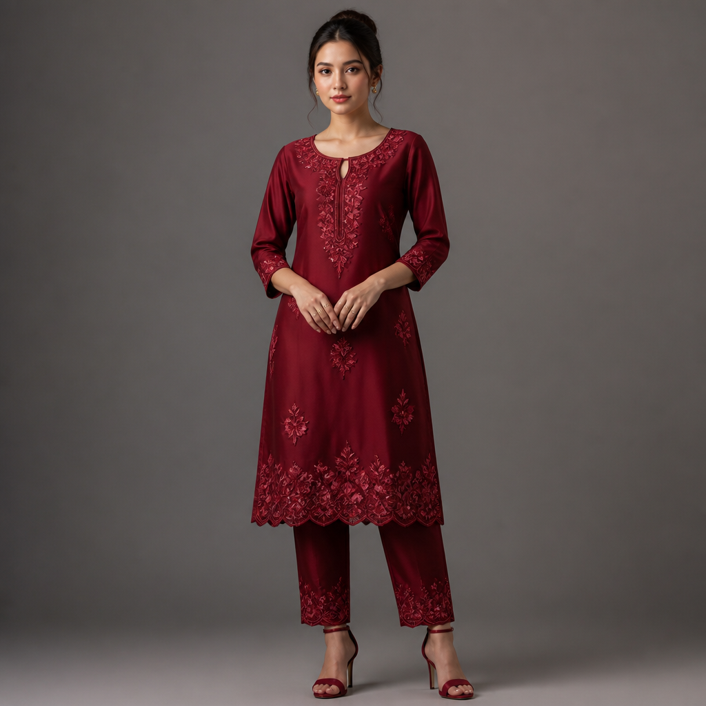 A Female Dress design. the photo i provided paste the design on suit and Create Image in 1080 x 1350 pixels create picture of suit and same matching bottom no dupatta in nepali model and in studio background create as it is design in blood red matching. India fashion aesthetics.
photorealistic fashion design, A Female Dress design. the photo i provided paste the design on suit and Create Image in 1080 x 1350 pixels create picture of suit and same matching bottom no dupatta in nepali model and in studio background create as it is design in blood red matching. India fashion aesthetics., just the design no text