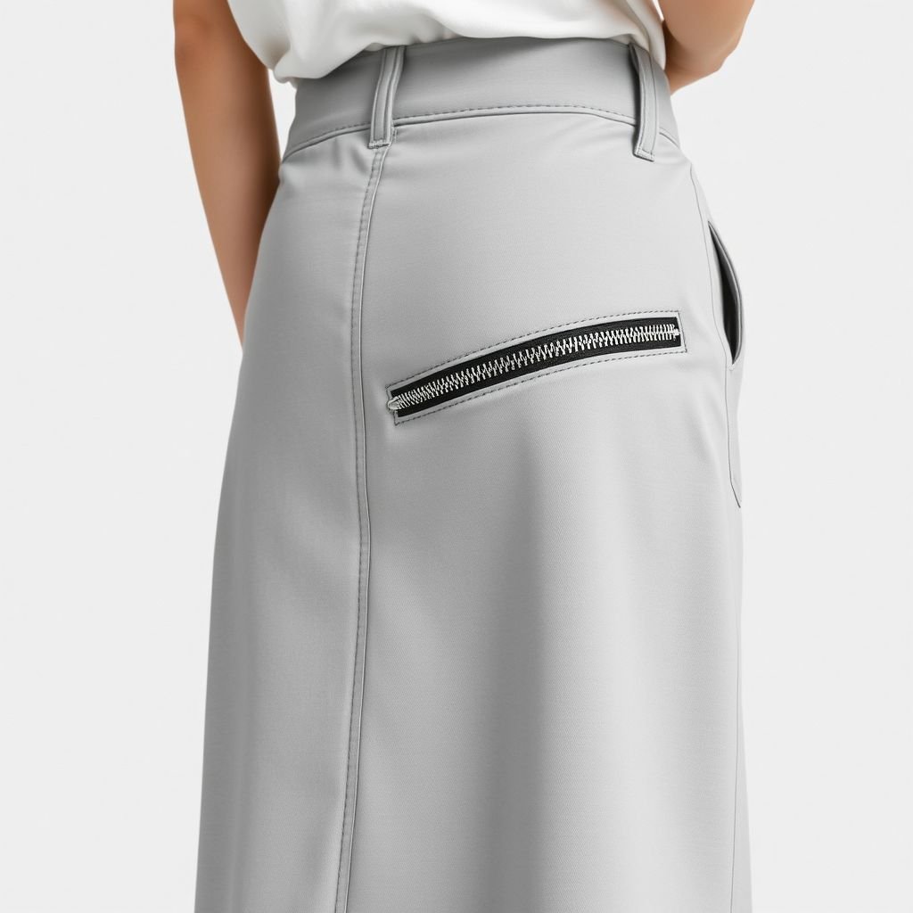 I want you to create a YK2 midi skirt, with zippers that transitions the skirt from a maxi, to midi. Make it light grey. Add a small embroidery design on the back left pocket.
Design a light grey YK2 midi skirt with oversized zippers, allowing a seamless transition to a dramatic maxi length. Incorporate urban-inspired elements such as functional pockets and bold stitching. Emphasize streetwear aesthetics with a subtle yet striking embroidery design on the back left pocket, embodying both comfort and contemporary style.