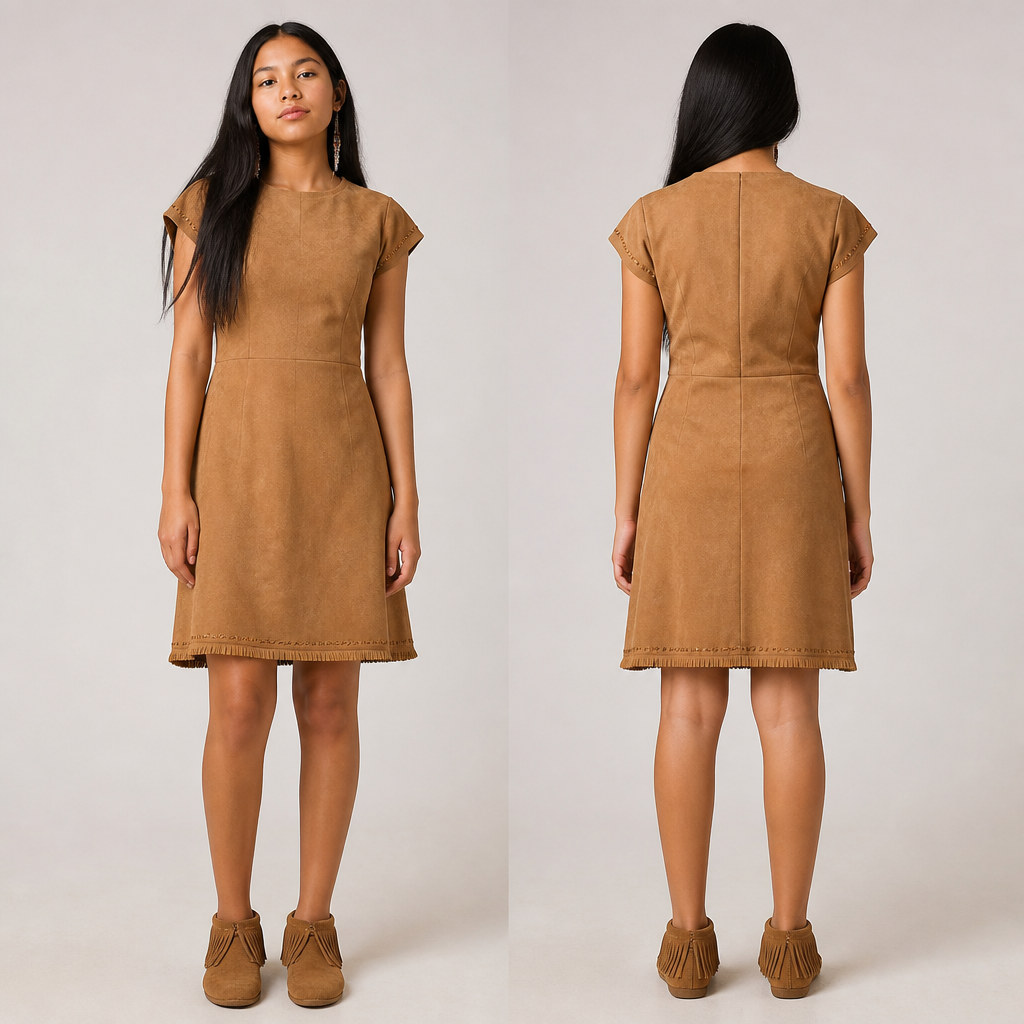An American Native 16 year old teenage girl with black long hair with a tan dress out of suede with tan suede shoes and it is School appropriate
photorealistic fashion design, An American Native 16 year old teenage girl with black long hair with a tan dress out of suede with tan suede shoes and it is School appropriate , ethical style, just the design no text, show front and back