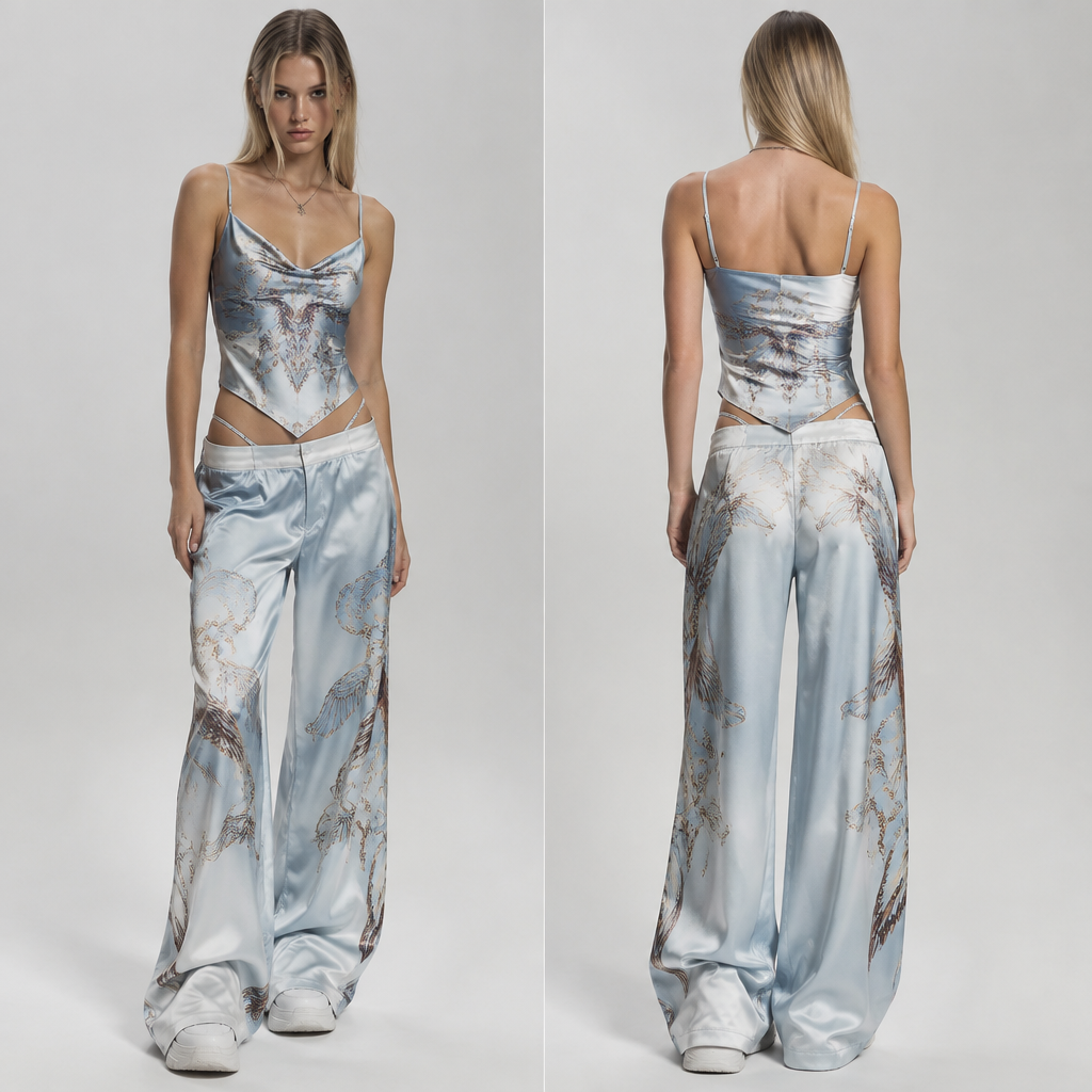 A Female fashion design, made of Silk, for Streetwear, in Y2K + Streetwear style, shown on a model with a slim figure. Russia fashion aesthetics. Present it as professional fashion catalogue photography: the garment is the subject, shown full-length with editorial styling, neutral posing and tasteful, non-suggestive framing.
photorealistic fashion design, A Female fashion design, made of Silk, for Streetwear, in Y2K + Streetwear style, shown on a model with a slim figure. Russia fashion aesthetics. Present it as professional fashion catalogue photography: the garment is the subject, shown full-length with editorial styling, neutral posing and tasteful, non-suggestive framing., y2k style, just the design no text, show front and back