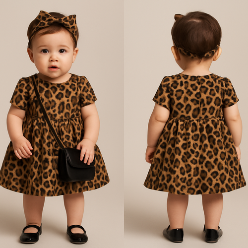 一歳の女の子着用画
袖付きのヒョウ柄のドレス差し色に黒
黒いパンプス
頭にヒョウ柄のアクセサリー
黒いレザーの小さなバック