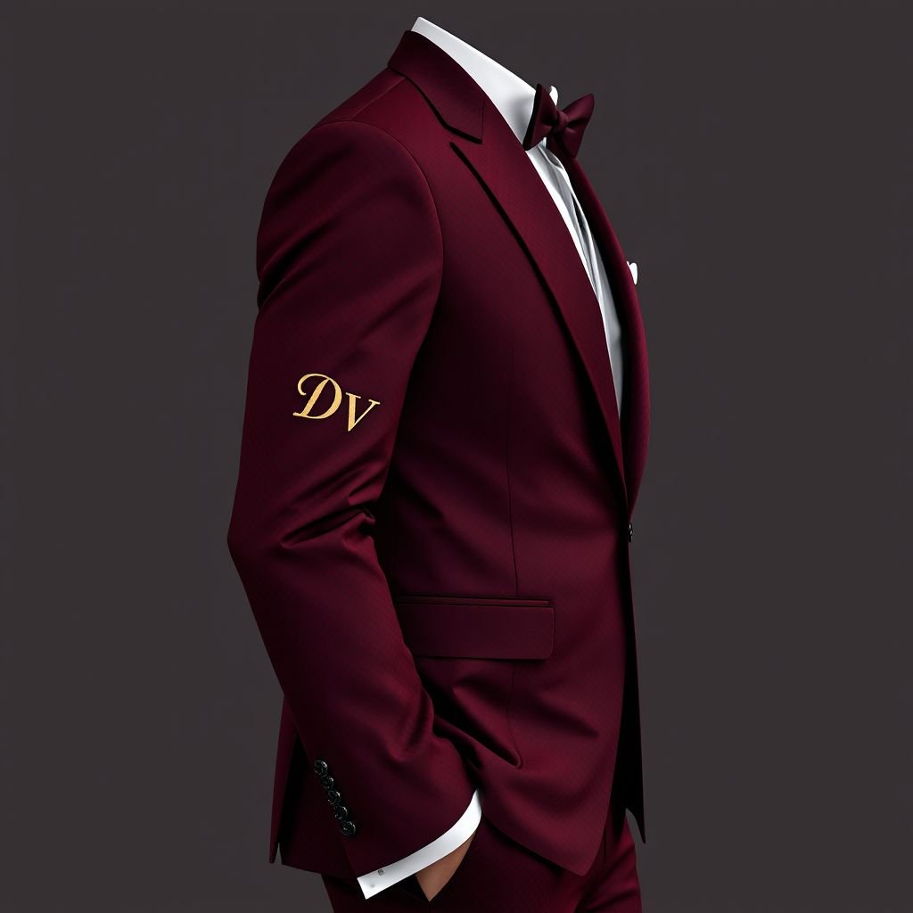 Men’s unique suit, burgundy , with mini leopard print on it. “DV on sleeve in small print
Design an elegant men’s suit in rich burgundy featuring a subtle mini leopard print for a touch of sophistication. The tailored silhouette should exude refinement, with sleek lines and a modern cut. Embellish the left sleeve with "DV" in delicate gold embroidery, enhancing the overall opulence of this striking ensemble.