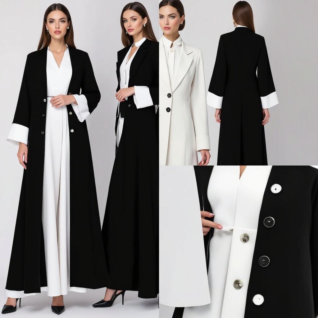 A-Line Abaya Design (Minimalist Edition) • Cut: • Full-length A-Line silhouette flowing luxuriously from shoulder to floor. • Very clean cut with sharp lines to highlight the refined, elegant character. • Fabric: • Mikado Silk or Heavy Double Crepe — luxurious fabrics with weight and smooth texture that hold the abaya’s shape beautifully. • Recommended colors: Jet Black for evening haute couture looks, or Ivory/Off-White for daytime elegance and classic luxury. • Collar / Neckline: • Straight slim blazer lapel for a modern tailored look. • Or a minimalist high collar for a regal, elevated impression. • Sleeves: • Straight sleeves with sharp structured cuffs. • Optional: Slightly flared sleeves for a dramatic haute couture flair. • Details: • Completely plain with no embroidery or patterns — all focus on the cut and the fabric. • Optional front slit or long side slit to create graceful movement when walking. • Single fabric-covered button or hidden inner closure for a sleek, polished finish. • Back Design: • Entirely plain with a small center slit at the back hem, reinforcing the blazer aesthetic and ensuring ease of movement. ⸻ ✨ Result: An A-Line abaya with a haute couture minimalist aesthetic, free of embroidery, relying solely on luxurious fabric and precision tailoring. It delivers a powerful, regal, and refined presence — perfect for high-end evening events or exclusive formal occasions.
Retro fashion: A-line abaya, full-length, clean cut. Mikado silk or heavy crepe. Black or white. Slim blazer lapel or high collar. Straight sleeves with cuffs, or slightly flared. Plain, retro-style buttons. Back vent.