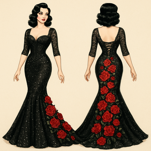 Mermaid wedding dress. Black lace with red roses cascading down the back. Long lace up corset back. Corset boning in the front of the top. 1/3 sleeves, sequins all over the dress.