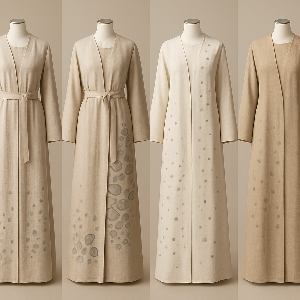 Create a modest two-piece linen abaya, the first of its kind, featuring a unique stone design that exudes a classy and sophisticated vibe. I'd like four designs, each showcasing different styles and fabrics. Incorporate high-end, unique chic stone designs to make them truly special. Add little sophisticated stone designs.

Create a modest two-piece linen abaya, the first of its kind, featuring a unique stone design that exudes a classy and sophisticated vibe. I'd like four designs, each showcasing different styles and fabrics. Incorporate high-end, unique chic stone designs to make them truly special. Add little sophisticated stone designs.