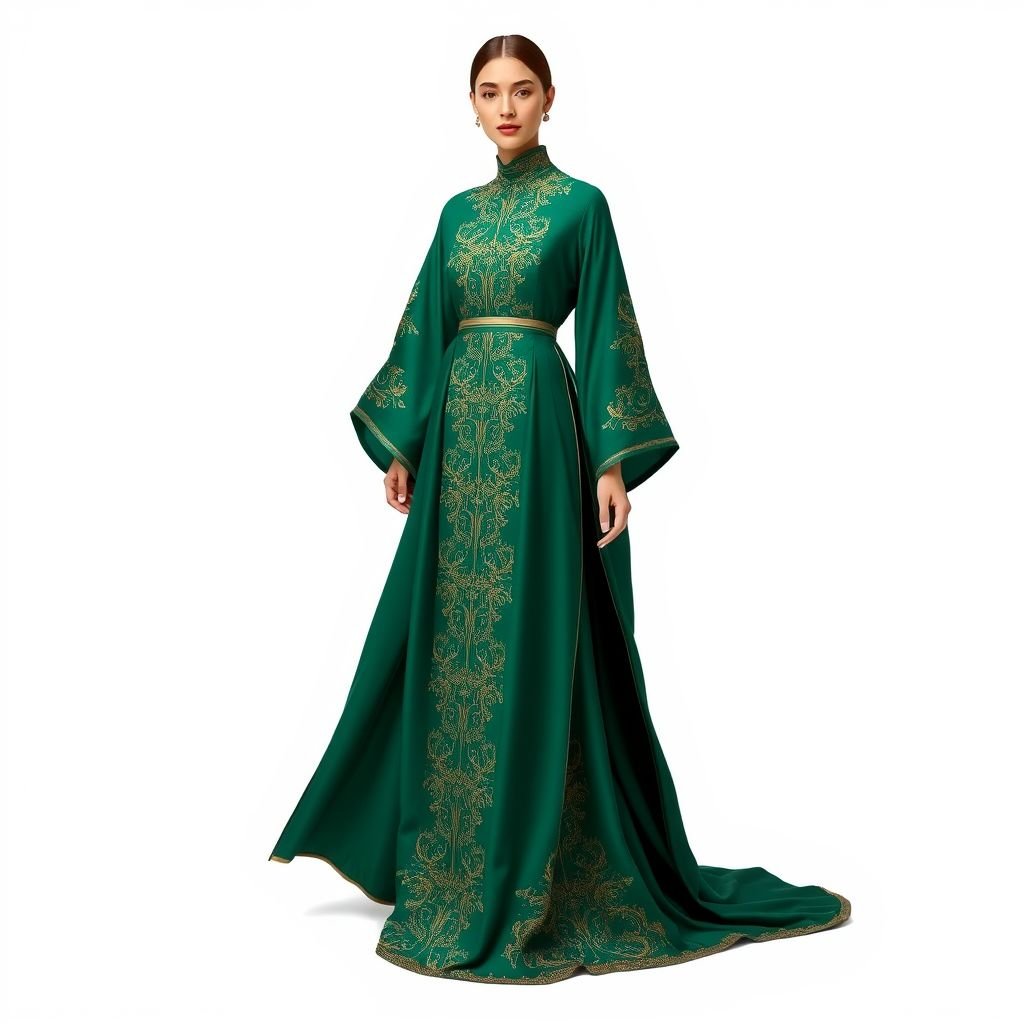 She: A flowing, A-line dress, designed to resemble an abaya. The fabric is a rich, jewel-toned color. Intricate, eye-catching embroidery adorns the sleeves and bodice. Perhaps a floral or geometric pattern in metallic thread.
She: A flowing, A-line dress reminiscent of an abaya, crafted from sumptuous emerald silk. The design features an elegant high neck and sweeping sleeves, enhanced by intricate gold metallic embroidery forming a delicate geometric pattern. A soft train flows behind, while a subtle side slit adds a modern twist to this timeless silhouette.