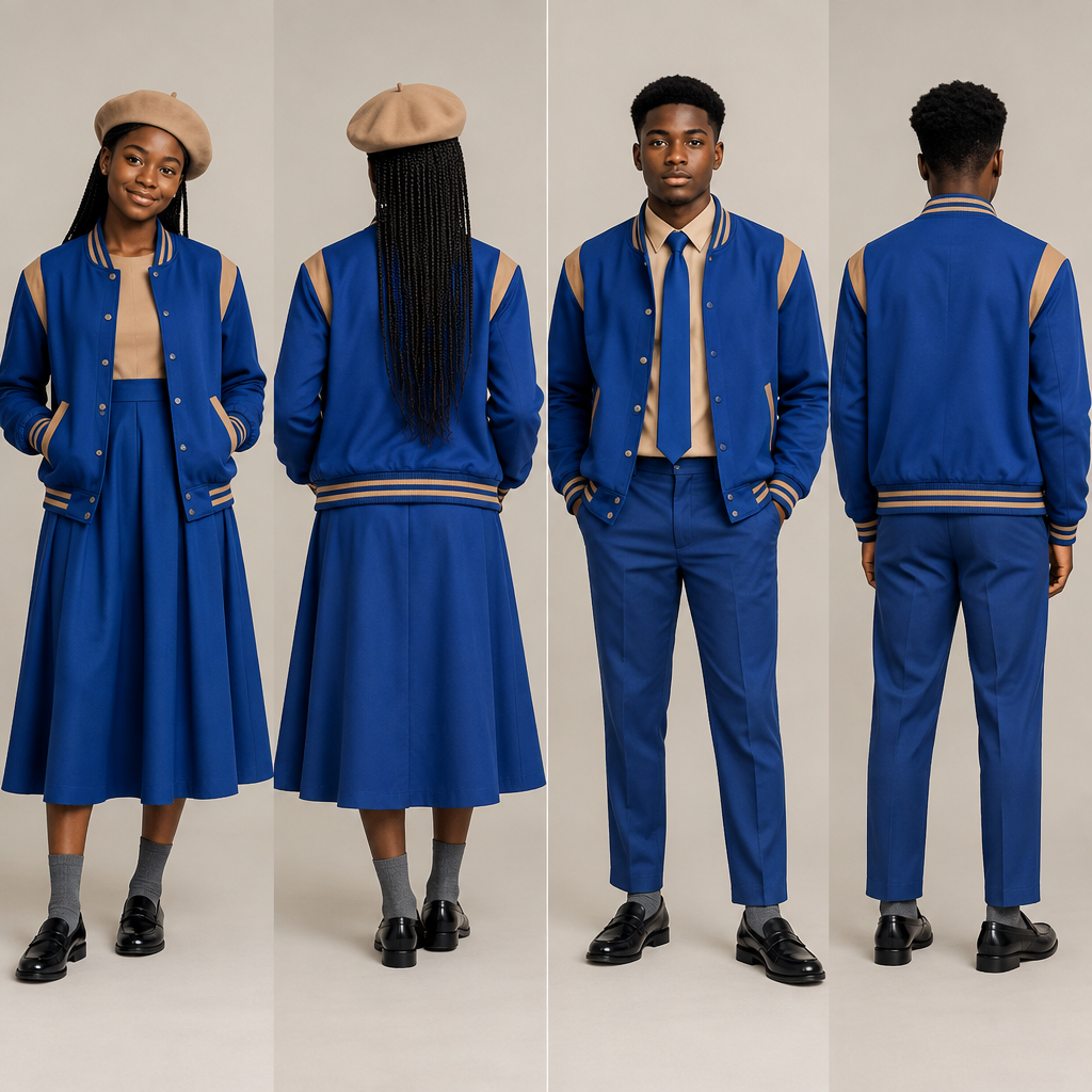 BLUE and LIGHT BROWN
Design a blue baseball jacket with light brown accents and blue arms. Use black teenagers as models.
A fit flare dress top half light brown and bottom half blue, covering chest area completely, almost reaching ankles, a light brown barrett and grey socks for the female.
A blue relaxed trouser, reaching ankles, light brown shirt, blue tie and grey socks for the male.
Nice black school shoes for both. Both must be wearing baseball jacket. Use cobalt blue. South Africa fashion aesthetics. Present it as professional fashion catalogue photography: the garment is the subject, shown full-length with editorial styling, neutral posing and tasteful, non-suggestive framing.
photorealistic fashion design, BLUE and LIGHT BROWN
Design a blue baseball jacket with light brown accents and blue arms. Use black teenagers as models.
A fit flare dress top half light brown and bottom half blue, covering chest area completely, almost reaching ankles, a light brown barrett and grey socks for the female.
A blue relaxed trouser, reaching ankles, light brown shirt, blue tie and grey socks for the male.
Nice black school shoes for both. Both must be wearing baseball jacket. Use cobalt blue. South Africa fashion aesthetics. Present it as professional fashion catalogue photography: the garment is the subject, shown full-length with editorial styling, neutral posing and tasteful, non-suggestive framing., just the design no text, show front and back