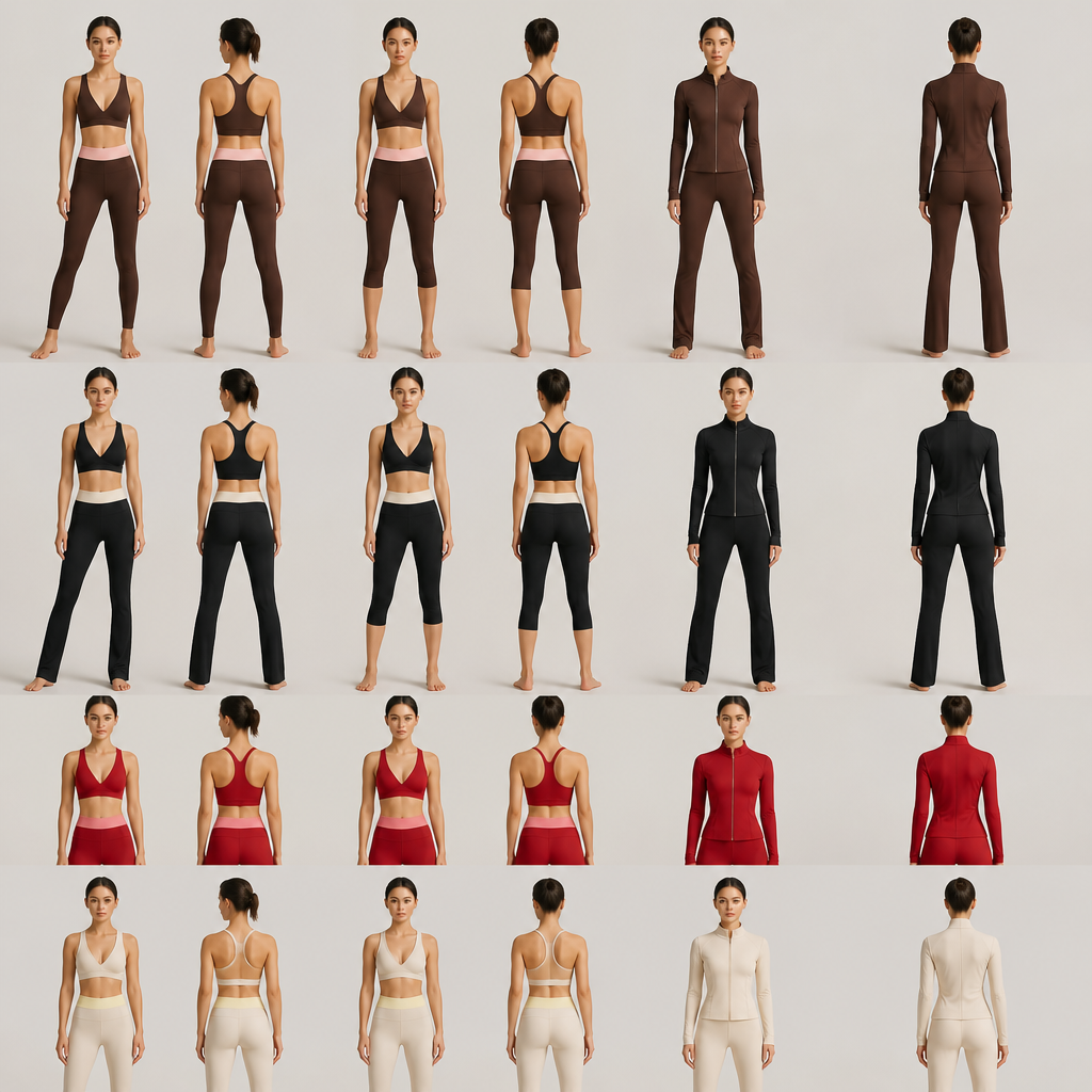 Luxury fashion Pilates activewear capsule for women. Sexy feminine crop top with deep V neckline, clean simple back, high-waisted sculpting leggings with contrast color only on the waistband, no side stripes. Include matching capri leggings, flared pants and fitted zip jacket. Premium matte nylon-spandex, elegant boutique style, modern 2026 fashion. Color palette: chocolate brown + blush pink, black + ivory, red + soft pink, beige + butter yellow. Minimal KAPP PRIVÉ branding.
photorealistic fashion design, Luxury fashion Pilates activewear capsule for women. Sexy feminine crop top with deep V neckline, clean simple back, high-waisted sculpting leggings with contrast color only on the waistband, no side stripes. Include matching capri leggings, flared pants and fitted zip jacket. Premium matte nylon-spandex, elegant boutique style, modern 2026 fashion. Color palette: chocolate brown + blush pink, black + ivory, red + soft pink, beige + butter yellow. Minimal KAPP PRIVÉ branding., sporty style, just the design no text, show front and back