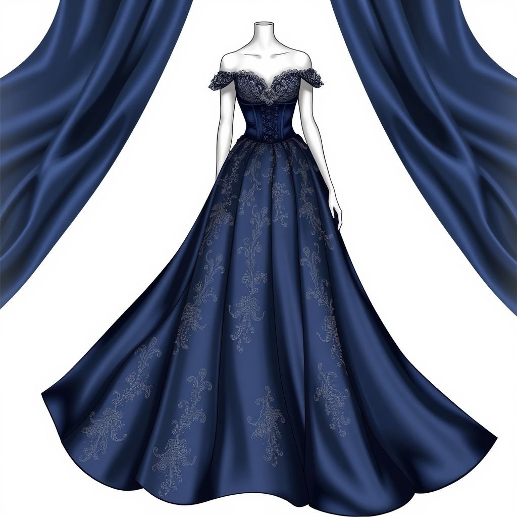 dress
Design a sophisticated floor-length gown, featuring an opulent deep navy silk fabric that shimmers with every movement. Incorporate a structured corset bodice adorned with delicate lace appliqués and a cascading train. Add elegant, off-the-shoulder sleeves, and intricate, hand-embroidered embellishments to make this formal dress a statement of timeless elegance.