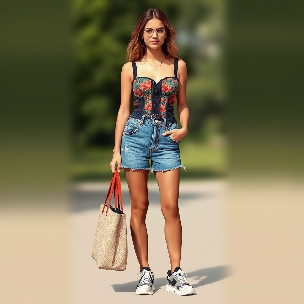 Sleeveless corset design in block prints pair with shorts
Imagine a laid-back, sleeveless corset top adorned with vibrant block prints, effortlessly combining contemporary art with comfort. Pair it with high-waisted denim shorts featuring frayed edges for a relaxed vibe. Accessorize with chunky sneakers and a slouchy tote for an easygoing, chic ensemble perfect for weekend adventures or casual outings.