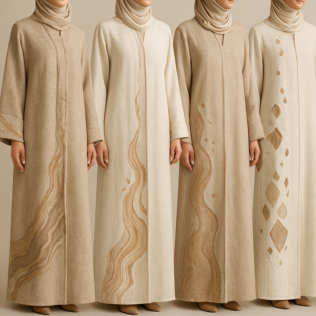 Create a modest two-piece linen abaya, the first of its kind, featuring a unique stone design that exudes a classy and sophisticated vibe. I’d like four designs, each showcasing different styles and fabrics. Incorporate high-end, unique chic stone designs to make them truly special. Add little sophisticated stone designs.

Create a modest two-piece linen abaya, the first of its kind, featuring a unique stone design that exudes a classy and sophisticated vibe. I’d like four designs, each showcasing different styles and fabrics. Incorporate high-end, unique chic stone designs to make them truly special. Add little sophisticated stone designs.