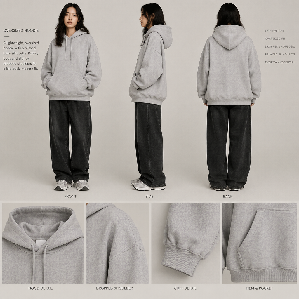 A lightweight, oversized hoodie with a relaxed, boxy silhouette. It has a roomy body and slightly dropped shoulders, creating a visually large fit without feeling excessively heavy. The sleeves are loose but taper slightly toward the cuffs, while the body falls naturally around the waist and hips. The proportions are balanced so it looks oversized while still sitting neatly in the right places.
A lightweight, oversized hoodie with a relaxed, boxy silhouette. It has a roomy body and slightly dropped shoulders, creating a visually large fit without feeling excessively heavy. The sleeves are loose but taper slightly toward the cuffs, while the body falls naturally around the waist and hips. The proportions are balanced so it looks oversized while still sitting neatly in the right places.