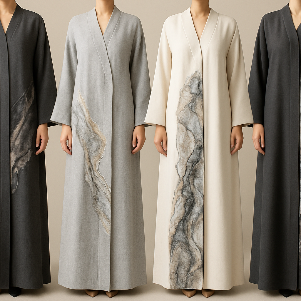 Create a modest abaya that’s the first of its kind, featuring a unique stone design that exudes a classy and sophisticated vibe. I’d like four designs, each showcasing different styles and fabrics. Incorporate high-end, unique chic stone designs to make them truly special.
Create a modest abaya that’s the first of its kind, featuring a unique stone design that exudes a classy and sophisticated vibe. I’d like four designs, each showcasing different styles and fabrics. Incorporate high-end, unique chic stone designs to make them truly special.