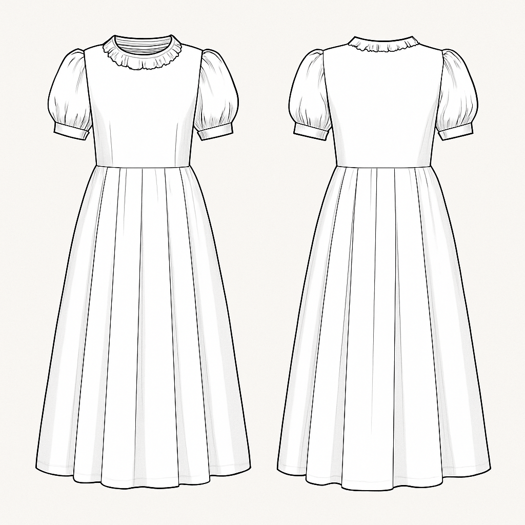 White frock with round neck with frill and puff short hand frock full length with box pleated
White frock with round neck with frill and puff short hand frock full length with box pleated , minimalist style, show front and back