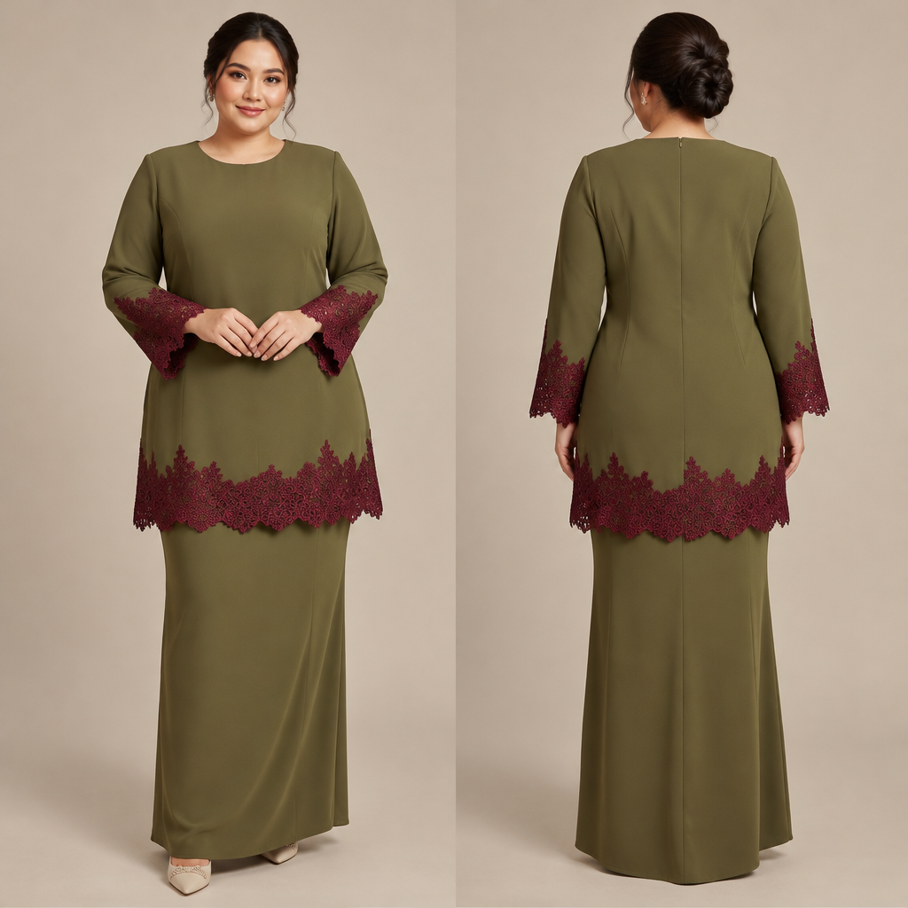 Create an elegant Malaysian baju kurung Raya design, plain olive green fabric with burgundy lace detailing on the sleeves and hem. Flattering cut for a curvy body shape, modest, minimalist, realistic fabric texture, full-length front view, fashion design presentation.
photorealistic fashion design, Create an elegant Malaysian baju kurung Raya design, plain olive green fabric with burgundy lace detailing on the sleeves and hem. Flattering cut for a curvy body shape, modest, minimalist, realistic fabric texture, full-length front view, fashion design presentation., just the design no text, show front and back