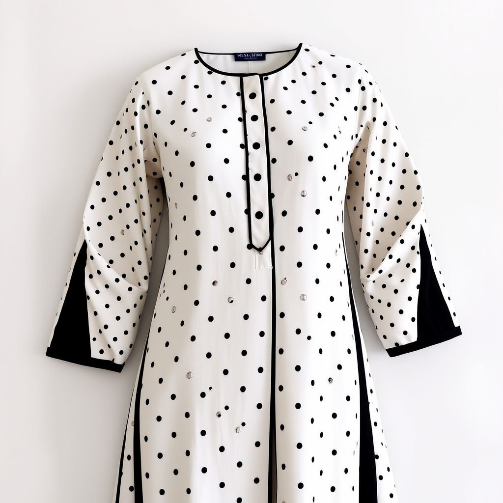 Make a long white base with black mini polka dots kurti but on sides of the kurti below arm whole add black basic fabric till the slit end of kurti do it on both the sides and secondly give full fitting sleeves of kurti in same base white and black mini polka dot just add basic black fabric from half end to full end to the sleeve do it on both sleeves
Design a chic kurti combining a pristine white base adorned with playful black mini polka dots. Integrate sleek black panels along the sides from under the arms to the slit's edge, enhancing silhouette and movement. The full-fitting sleeves echo this playful contrast, transitioning from dotted fabric to solid black, creating a modern yet timeless piece perfect for both casual outings and festive gatherings. Accentuate with statement accessories for a bold look.