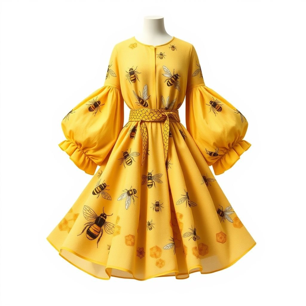 A honey bee & honey comb themed spring day dress.
Design an artsy spring day dress inspired by honey bees and honeycombs. The dress should feature a flowing silhouette adorned with intricate, hand-painted bee and honeycomb motifs in warm yellows and deep golds. Layered, textured fabrics create a playful yet elegant look, complemented by oversized sleeves and a honeycomb-patterned belt.