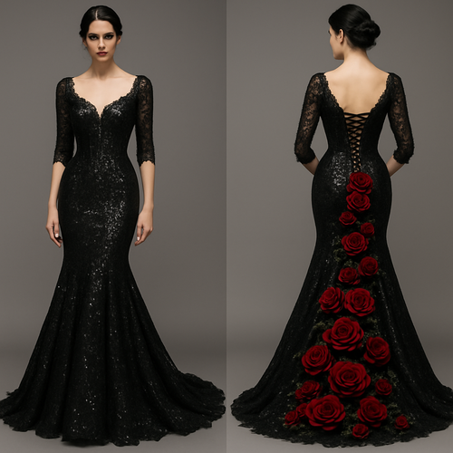Mermaid wedding dress. Black lace with red roses cascading down the back. Long lace up corset back. Corset boning in the front of the top. 1/3 sleeves, sequins all over the dress.