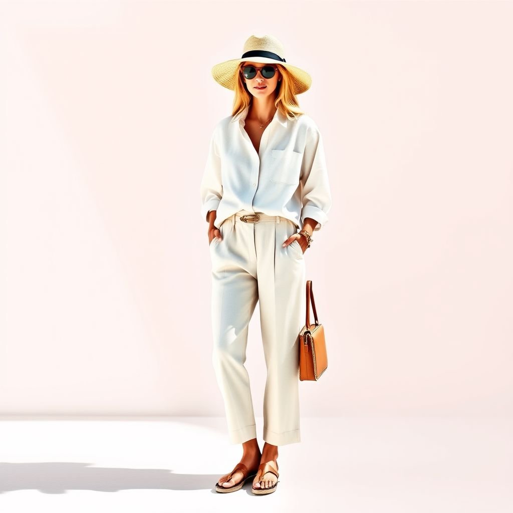 top resort and bottom style Ralph Lauren
Design a relaxed yet sophisticated resort wear ensemble featuring a breezy, oversized linen shirt in soft pastels, effortlessly tucked into high-waisted, loose-fitting trousers by Ralph Lauren. Complete the look with stylish espadrilles and a wide-brimmed straw hat. Emphasize comfort and elegance for an ideal casual getaway vibe.