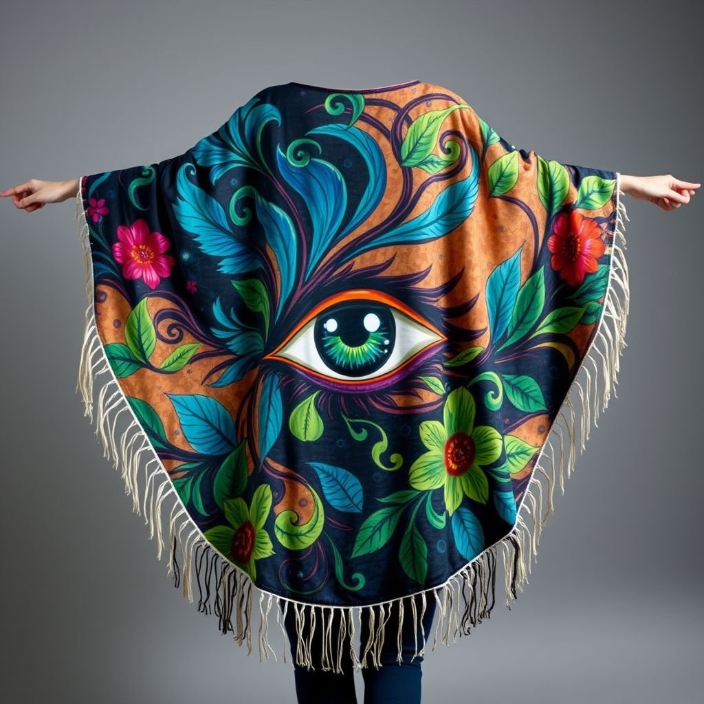 Handpainted boho poncho inspired by eye and nature
Design a vibrant, hand-painted boho poncho that marries the mystique of the eye motif with the earthy elements of nature. Incorporate swirling patterns of leaves and flowers, with pops of deep blues and lush greens. The loose silhouette flows gracefully, adorned with frayed edges for an effortless, yet striking, statement piece.