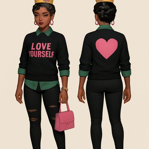 Black woman
Finger waves 
Gold crown on her head 

Green collared shirt black sweater shirt
Love yourself in pink on shirt 
On the back a heart 
sleeves rolled up
pink heels 
Pink pursue 
Pink earrings 
Gold bracelet and gold rings 
Tight black pants with rips
