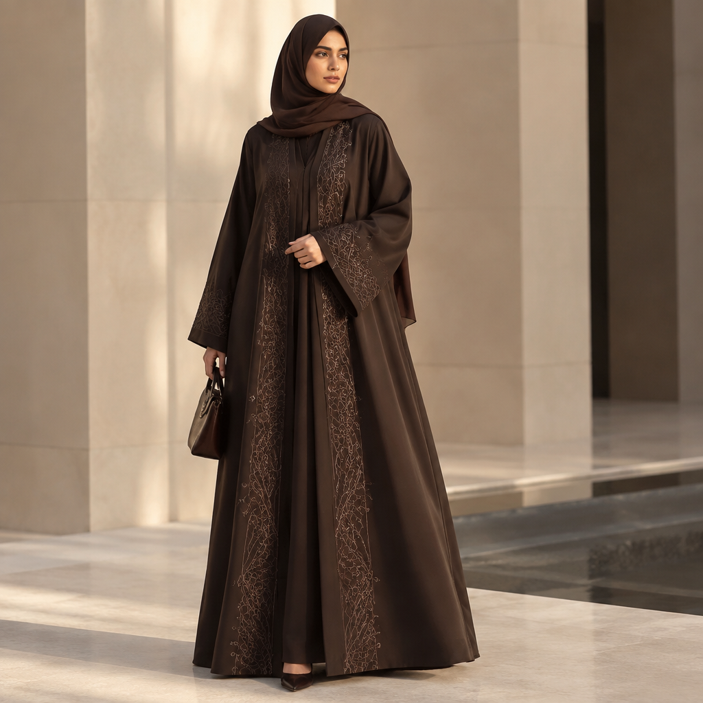 A Female Coat design, suitable for Fall. عباء خليجي. IQ fashion aesthetics. Present it as professional fashion catalogue photography: the garment is the subject, shown full-length with editorial styling, neutral posing and tasteful, non-suggestive framing.
photorealistic fashion design, A Female Coat design, suitable for Fall. عباء خليجي. IQ fashion aesthetics. Present it as professional fashion catalogue photography: the garment is the subject, shown full-length with editorial styling, neutral posing and tasteful, non-suggestive framing., just the design no text