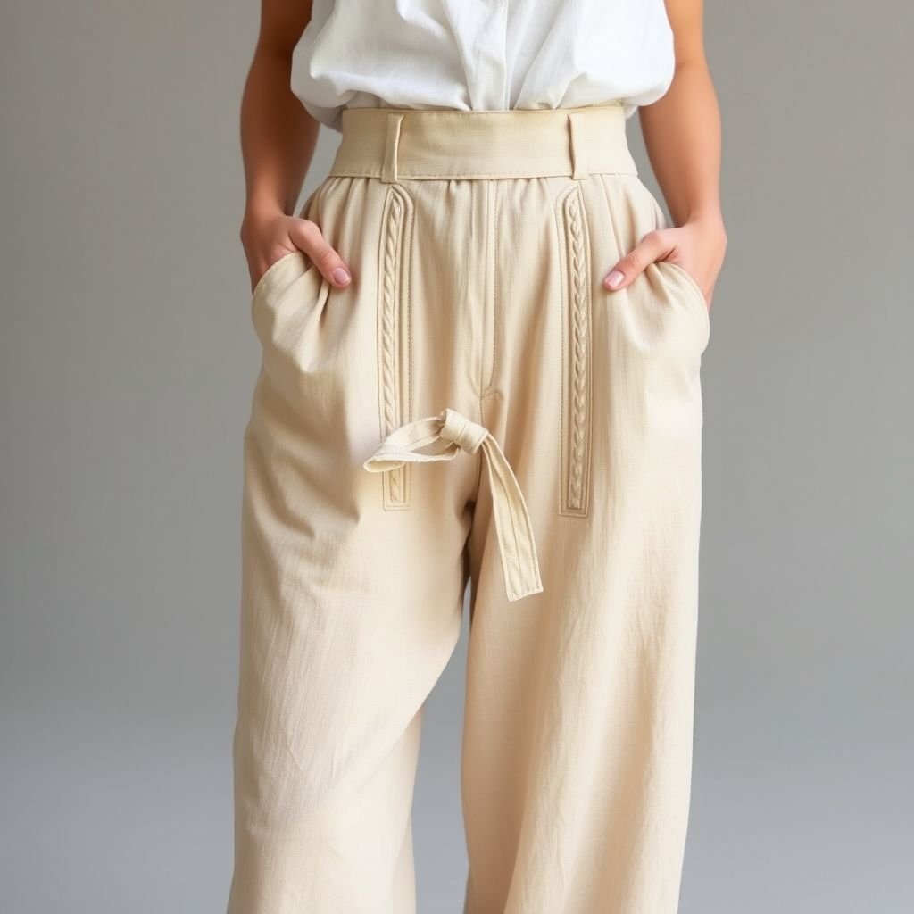 removable self covered belt closure pants style Zimmerman linen pin tucks through Centre
Envision high-waisted linen pants with intricate pin tucks cascading down the center, embodying effortless sophistication. Features a removable self-covered belt that cinches the waist, allowing versatility in styling. Embrace a relaxed fit that drapes elegantly, perfect for daytime outings or evening gatherings. Complete with soft, earthy tones for a bohemian flair.