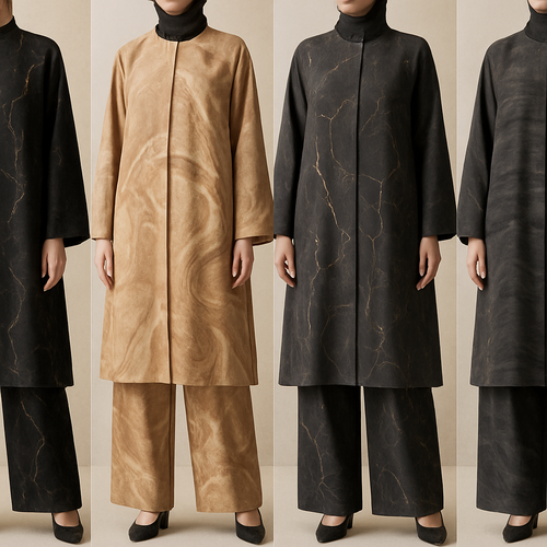 Create a modest abaya and loose pant, first of its kind, featuring a unique stone design that exudes a classy and sophisticated vibe. I'd like four designs, each showcasing different styles and fabrics. Incorporate high-end, unique chic stone designs to make them truly special. Add little sophisticated stone designs. Make it irresistible with designs that stands out.