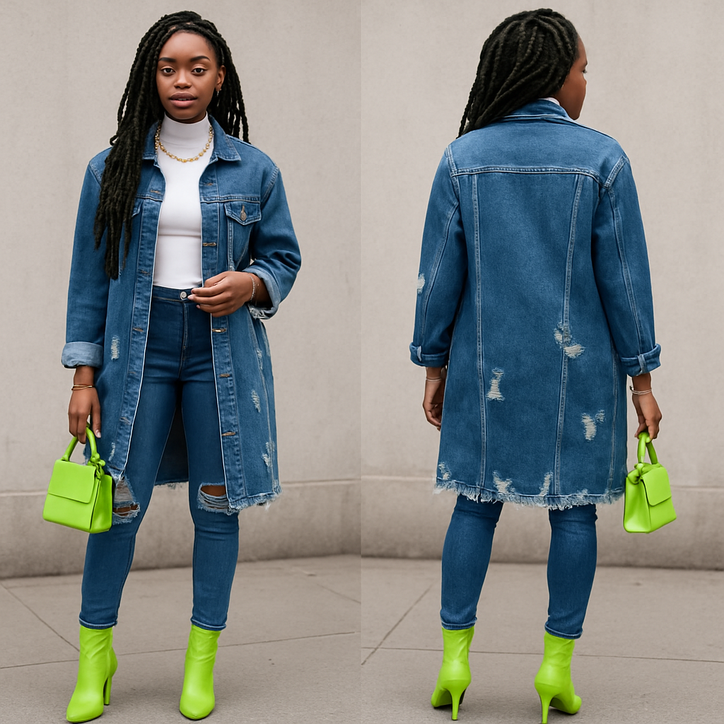 White turtle neck short sleeves long blue jean ripped jacket tight blue jean pants lime green heel boots gold necklace rings and bracelets faux locs lime green purse
White turtle neck short sleeves long blue jean ripped jacket tight blue jean pants lime green heel boots gold necklace rings and bracelets faux locs lime green purse , streetwear style, show front and back