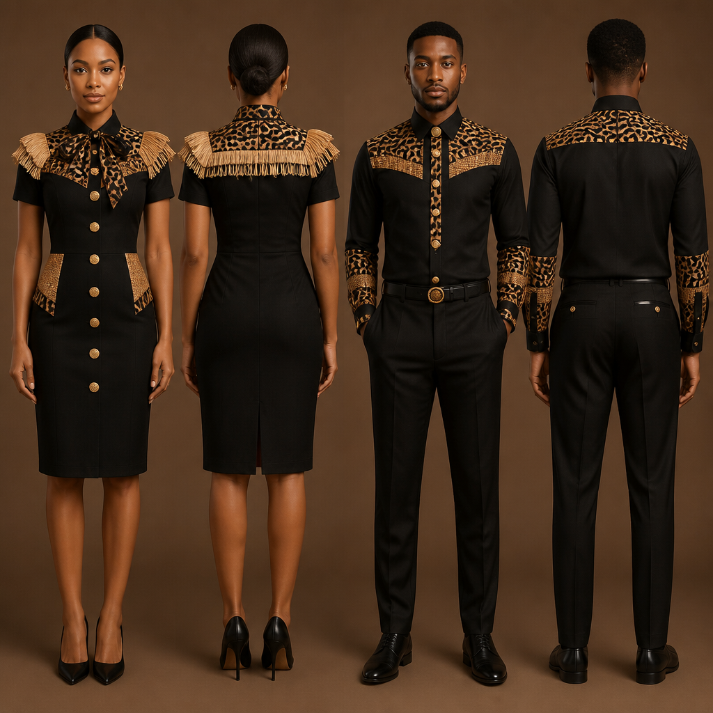 designs de Robe hôtesse pour restaurant différents , robe droite jusqu’au genoux pour femme , col pasteur petite écharpe motif panthère noire et marron , bouton au milieu de la robe rond en or Avec une touche de paille au niveau des épaules et la poitrine de même pour les hommes pantalon chemise , designs sur la robe en motifs tissu panthère tissu africain ekang Cameroun . La couleur du vêtement est noir , très fashion chic , et élégante , plus stylé et original
photorealistic fashion design, designs de Robe hôtesse pour restaurant différents , robe droite jusqu’au genoux pour femme , col pasteur petite écharpe motif panthère noire et marron , bouton au milieu de la robe rond en or Avec une touche de paille au niveau des épaules et la poitrine de même pour les hommes pantalon chemise , designs sur la robe en motifs tissu panthère tissu africain ekang Cameroun . La couleur du vêtement est noir , très fashion chic , et élégante , plus stylé et original , office style, just the design no text, show front and back