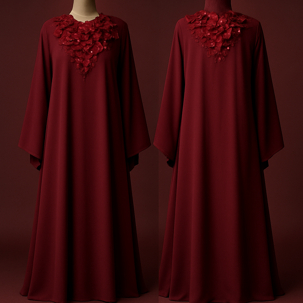 The Ruby Flora Majesty Abaya
Tone: Deep dark ruby
Design:
Large layered 3D ruby florals arranged around the neckline like a luxury necklace.
Embellishment:
Red glass stones and micro-beads giving a regal shine.
Vibe: Soft royalty + deep sensual luxury.
The Ruby Flora Majesty Abaya
Tone: Deep dark ruby
Design:
Large layered 3D ruby florals arranged around the neckline like a luxury necklace.
Embellishment:
Red glass stones and micro-beads giving a regal shine.
Vibe: Soft royalty + deep sensual luxury., show front and back