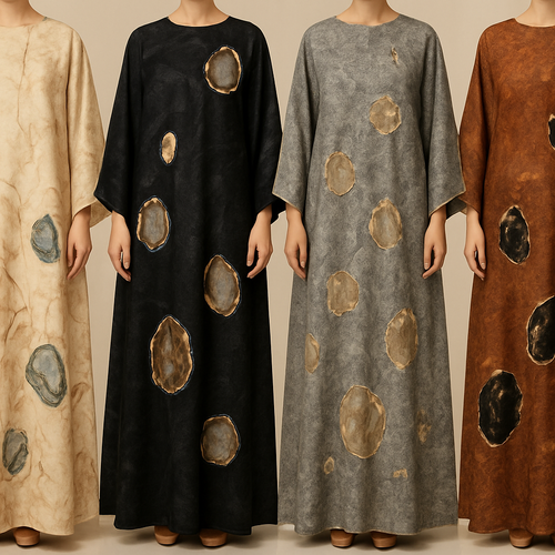 Create a modest boubou, the first of its kind, featuring a unique stone design that exudes a classy and sophisticated vibe. I'd like four designs, each showcasing different styles and fabrics. Incorporate high-end, unique chic stone designs to make them truly special. Add little sophisticated stone designs.