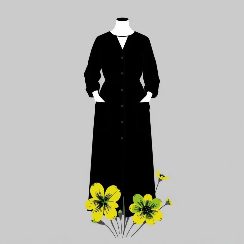 black dress just below the knees that is wide from the waist till the bottom with 2 big pockets on the sides. The lower part of the dress has very big flowers in green and yellow that are drawn freely and scattered
Design a minimalist black dress that falls just below the knees, featuring a wide silhouette from the waist down, elegantly tailored to enhance comfort. Incorporate two large, discreet pockets on the sides. Add a striking contrast with oversized hand-drawn flowers in green and yellow, artfully scattered at the hem for a modern touch.