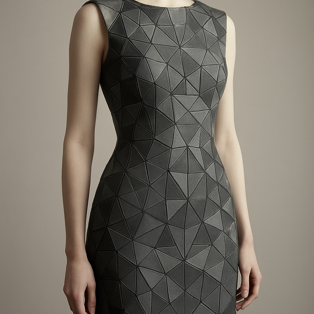 A sleeveless short women’s dress made from many small triangular fabric pieces of different sizes and shades, arranged like a geometric mosaic. The triangles are in tones of grey and black, giving a subtle metallic or modern texture but with minimal reflection. The dress should feel architectural and artistic, with a structured silhouette and clean lines, photographed in a soft studio light on a mannequin or model, fashion editorial style, high detail, 4K.

A sleeveless short women’s dress made from many small triangular fabric pieces of different sizes and shades, arranged like a geometric mosaic. The triangles are in tones of grey and black, giving a subtle metallic or modern texture but with minimal reflection. The dress should feel architectural and artistic, with a structured silhouette and clean lines, photographed in a soft studio light on a mannequin or model, fashion editorial style, high detail, 4K.