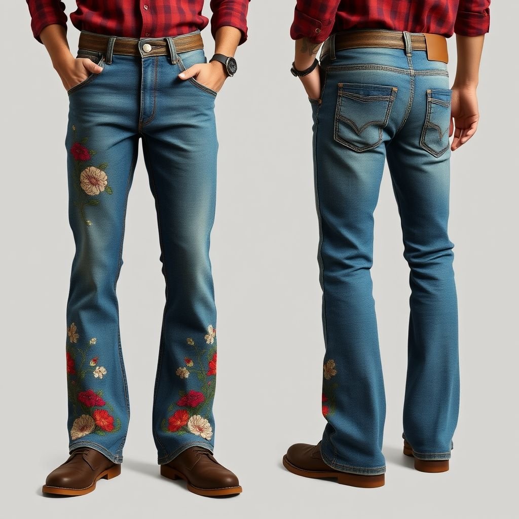 create a flared jeans with some particular design on in it for man
Design a pair of vintage-inspired flared jeans for men, featuring intricate embroidery of botanical motifs along the side seams, blending earthy tones with vibrant accents. Incorporate a high-waisted fit and subtle distressing for a rugged look. Add an oversized patch pocket with a snap closure for a modern twist.