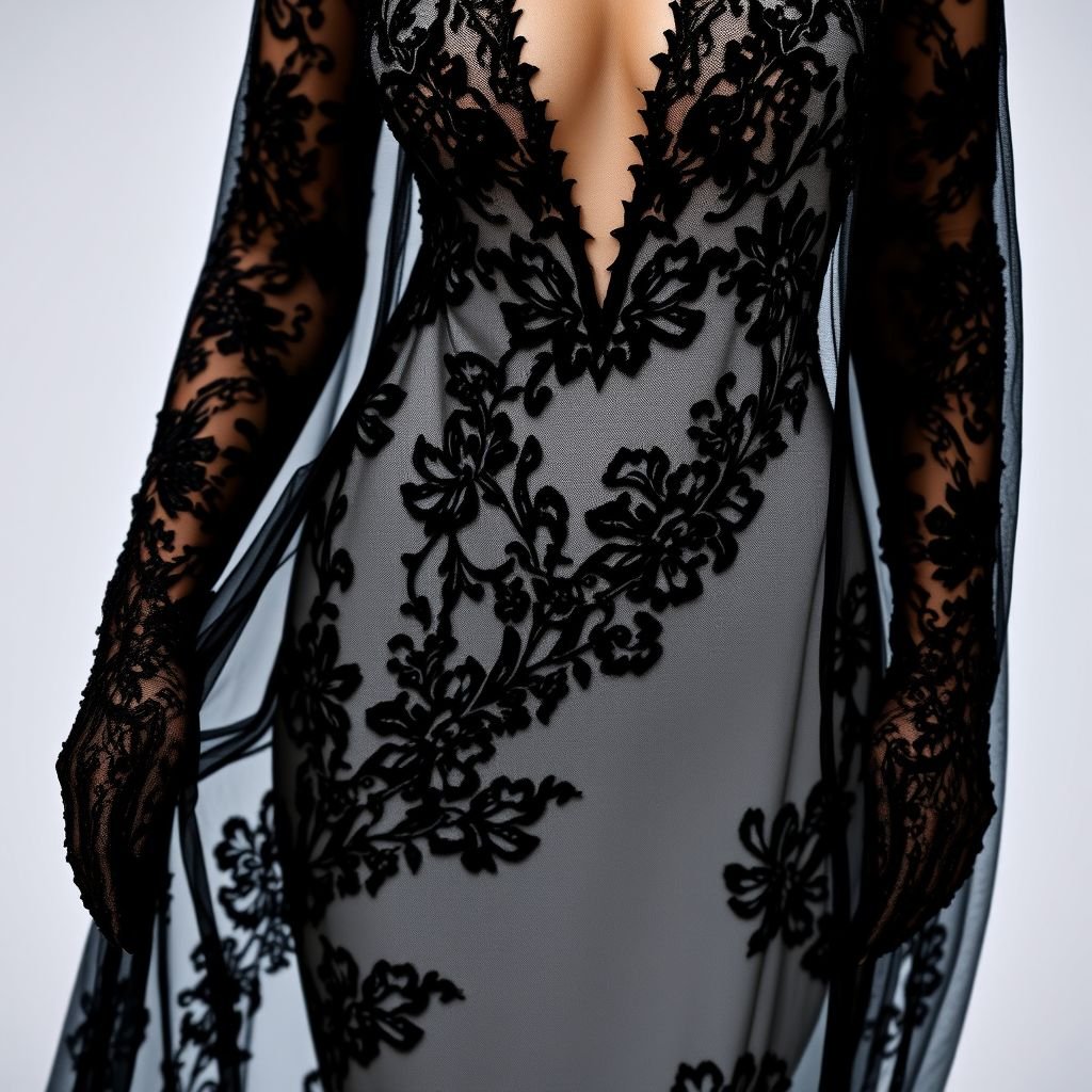 make me a sexy lace black dress for red carpet with lace gloves
Envision a captivating black lace dress cascading gracefully to the floor, featuring a daring plunging neckline and intricate floral patterns interwoven throughout. The silhouette hugs the body, accentuating curves, while sheer lace gloves extend past the elbows, adding an air of elegance. Complete with stiletto heels and sparkling accessories for a stunning red carpet look.
