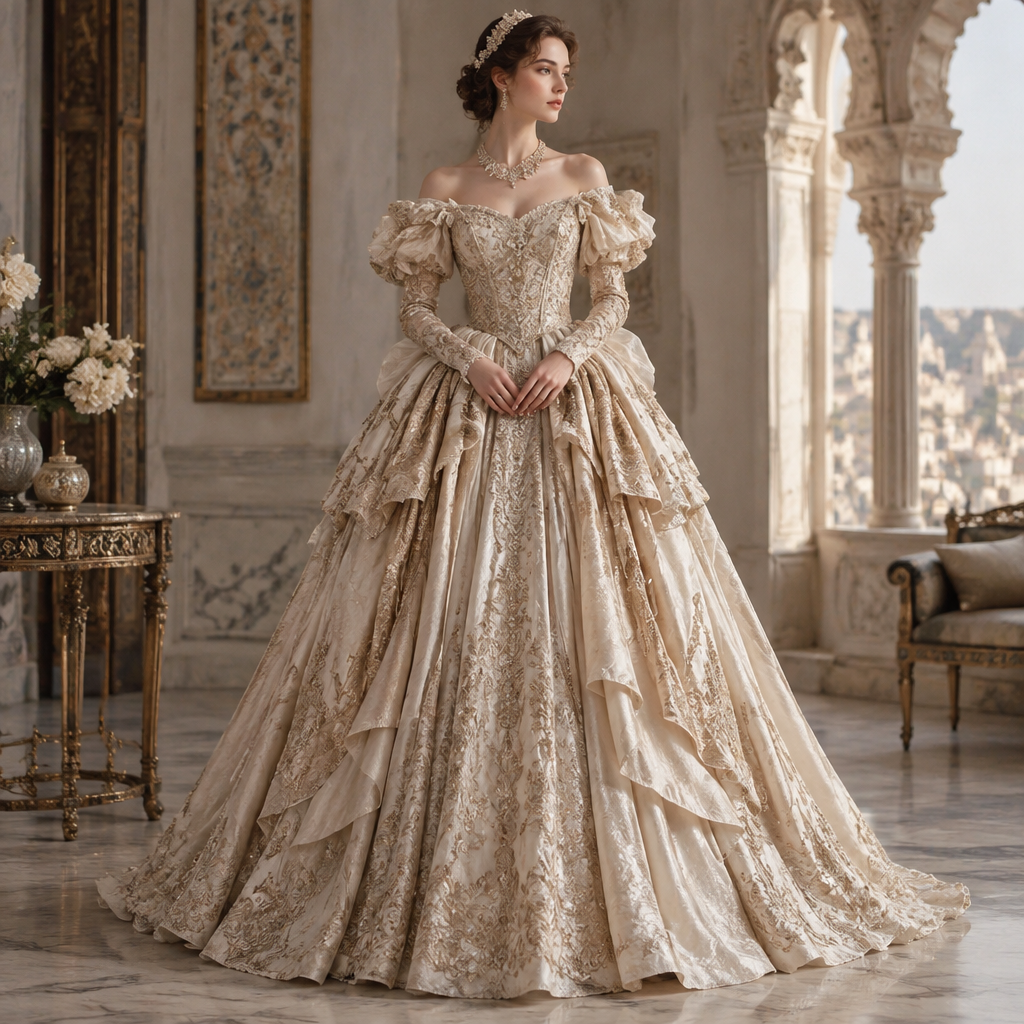 A Dress design, made of Silk, with a rich, textured surface, with an A-Line silhouette, in a Neutrals color palette, for Wedding, suitable for Summer, suited to a Temperate climate, in Vintage style, shown on a model with fair skin. فستان طويل جدا مصثل أميرات العصر الفكتوري لا يكون بسيط. Algeria fashion aesthetics. Present it as professional fashion catalogue photography: the garment is the subject, shown full-length with editorial styling, neutral posing and tasteful, non-suggestive framing.
photorealistic fashion design, A Dress design, made of Silk, with a rich, textured surface, with an A-Line silhouette, in a Neutrals color palette, for Wedding, suitable for Summer, suited to a Temperate climate, in Vintage style, shown on a model with fair skin. فستان طويل جدا مصثل أميرات العصر الفكتوري لا يكون بسيط. Algeria fashion aesthetics. Present it as professional fashion catalogue photography: the garment is the subject, shown full-length with editorial styling, neutral posing and tasteful, non-suggestive framing., vintage style, just the design no text