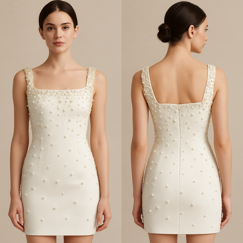 Make a white graduation dress . Above the knee bodycon . The dress must have pearls of different sizes around. 