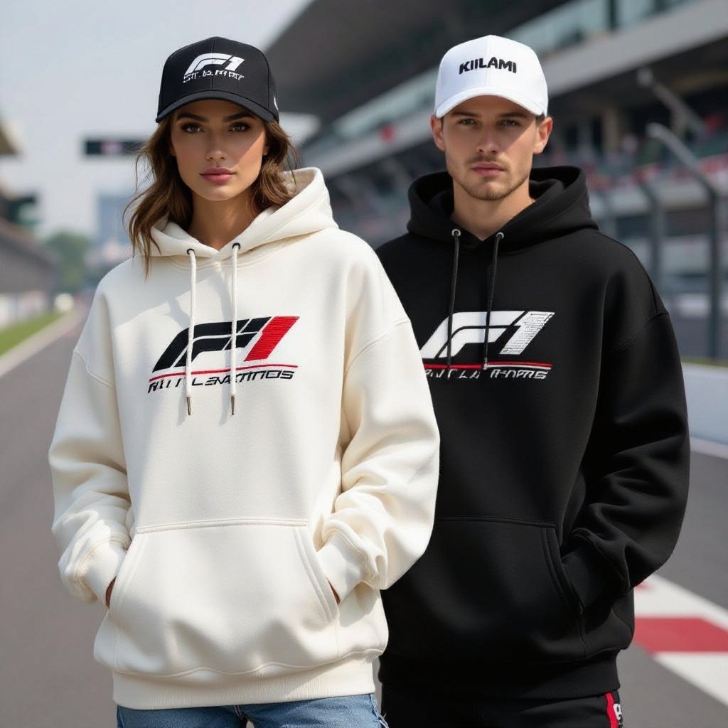 -DESIGN hoodies and caps with embroided f1 and kylami logo with racing track designs
**Hoodies** made of **cotton fleece**, in an **oversized fit**, featuring an embroidered F1 and Kilami logo with racing track designs on the front. **Caps** made of **cotton twill**, in a **classic baseball cap style**, with an embroidered F1 and Kilami logo on the front.