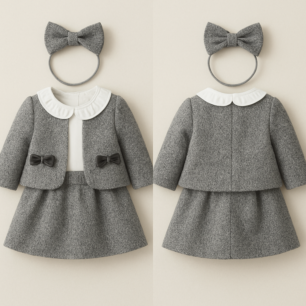 1歳の女の子のベビー服
グレーのツイードのジャケットとスカート部分がグレーのツイードのワンピースのセットアップ
ワンピースの上半身部分は白で丸襟でフリフリ
ジャケットの両ポケットの位置にベロア素材のリボン
頭にはジャケットについてるリボンと同じもののカチューシャ
1歳の女の子のベビー服
グレーのツイードのジャケットとスカート部分がグレーのツイードのワンピースのセットアップ
ワンピースの上半身部分は白で丸襟でフリフリ
ジャケットの両ポケットの位置にベロア素材のリボン
頭にはジャケットについてるリボンと同じもののカチューシャ, show front and back
