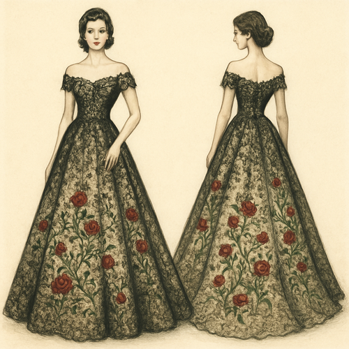 Lace wedding dress,black and champagne color, off the shoulder sleeves, and red roses and green vines embroidered on the dress.