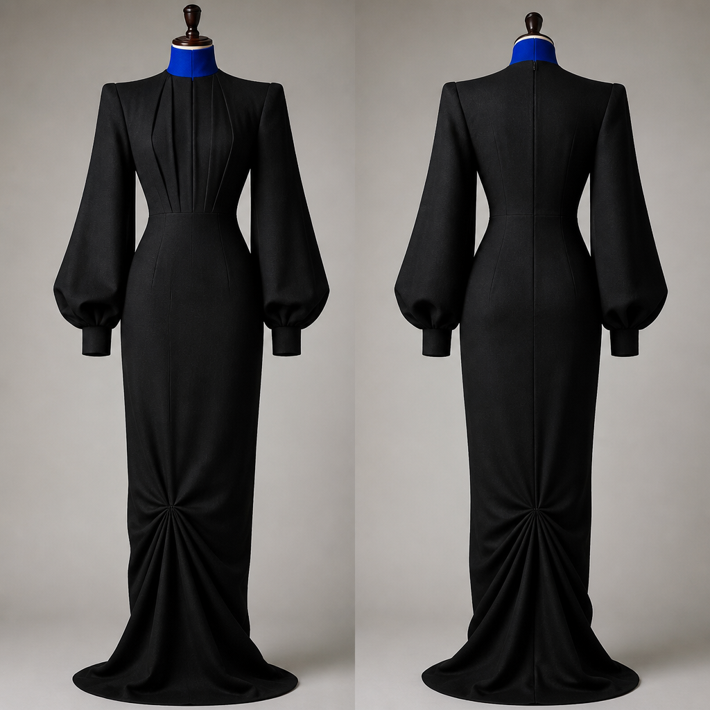 A Unisex Dress design, made of Wool, for Party, suitable for Spring, in Classic + Elegant + Glamorous style. this this beautiful higher neck dress with structured top from the sleeves to the chest and waist. there is very realex gathering came from the knees of the dress .the higher neck line is bright blue and the rest of dress. it got zip at the back to get into the dress and it's very pretty black .the sleeves are instructed and oversized with cuffs. Design with modest coverage.
photorealistic fashion design, A Unisex Dress design, made of Wool, for Party, suitable for Spring, in Classic + Elegant + Glamorous style. this this beautiful higher neck dress with structured top from the sleeves to the chest and waist. there is very realex gathering came from the knees of the dress .the higher neck line is bright blue and the rest of dress. it got zip at the back to get into the dress and it's very pretty black .the sleeves are instructed and oversized with cuffs. Design with modest coverage., classic style, just the design no text, show front and back