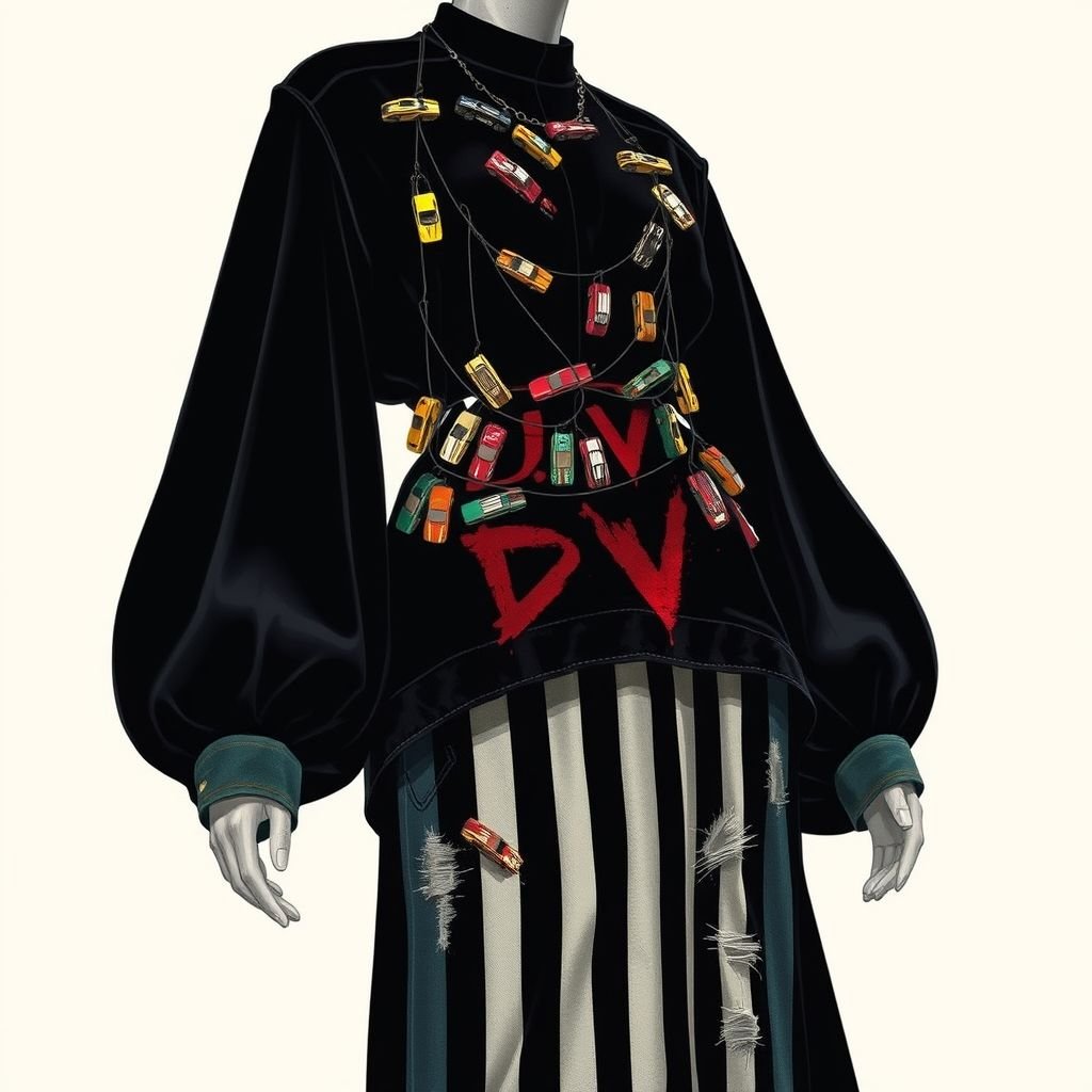 Create me a unique dress with hot wheel cars hanging from it, with a race car outfit look.met gala dress. But I want it to be modest I want the arms and legs covered. and empowers a Met Gala look. Put “DV” on it somewhere
Design a grunge-inspired Met Gala dress featuring an oversized black velvet silhouette adorned with miniature hot wheel cars strung across the bodice. Maintain modesty with long, billowing sleeves and floor-length hem, intertwined with racing stripes. Add distressed denim elements and “DV” graffiti-styled lettering, merging couture elegance with rebellious street style.