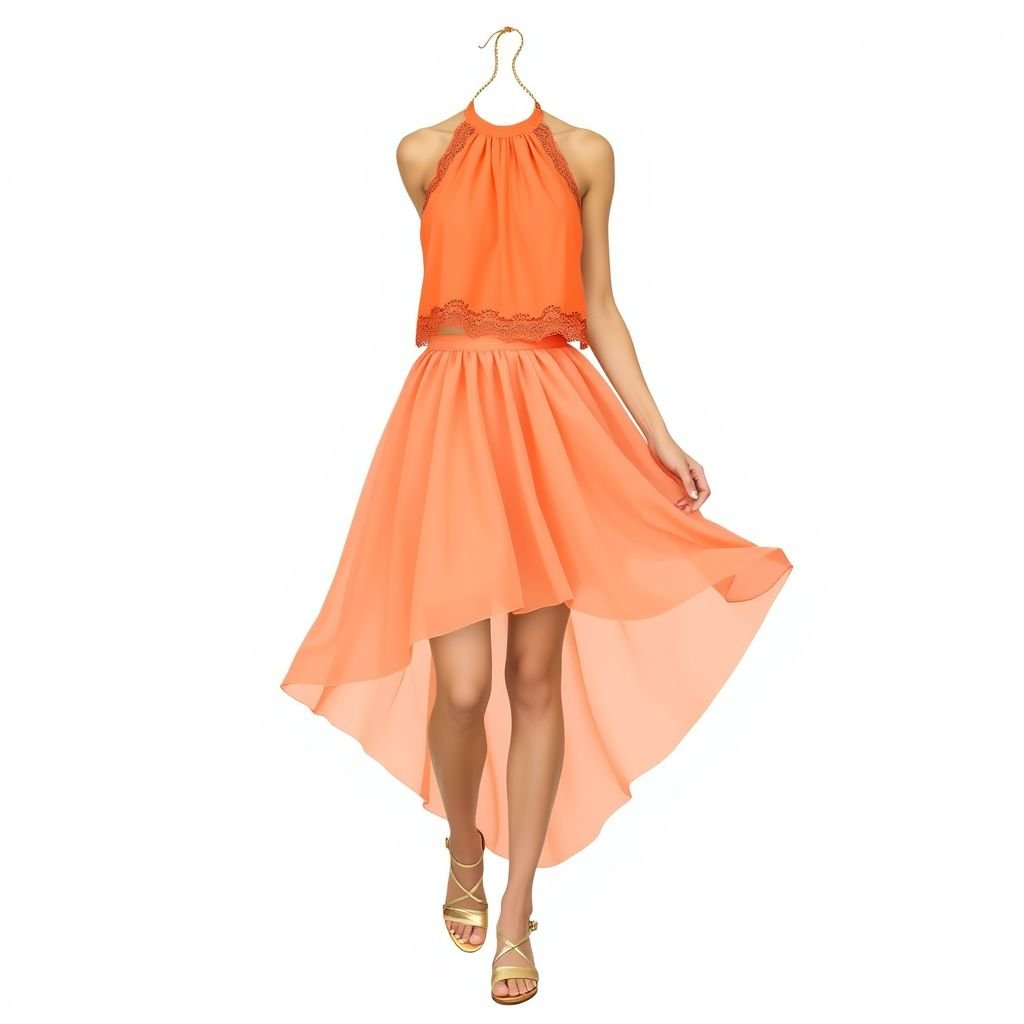 A peach orange halter neck crop top and a mini flowy skirt
Imagine a vibrant peach orange halter neck crop top with delicate lace trim, accentuating the shoulders. Pair it with a playful, asymmetrical mini flowy skirt, featuring layers of sheer chiffon that flutter with movement. Add subtle gold accents and matching strappy sandals to create an effortlessly chic summer ensemble, exuding youthful femininity.