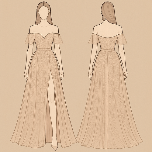 I want line embroidered dress, loose one sheer layer, color blushed Champaign & make it off shoulder with tiny waist. add open leg. & make the chest V medium length cut. 