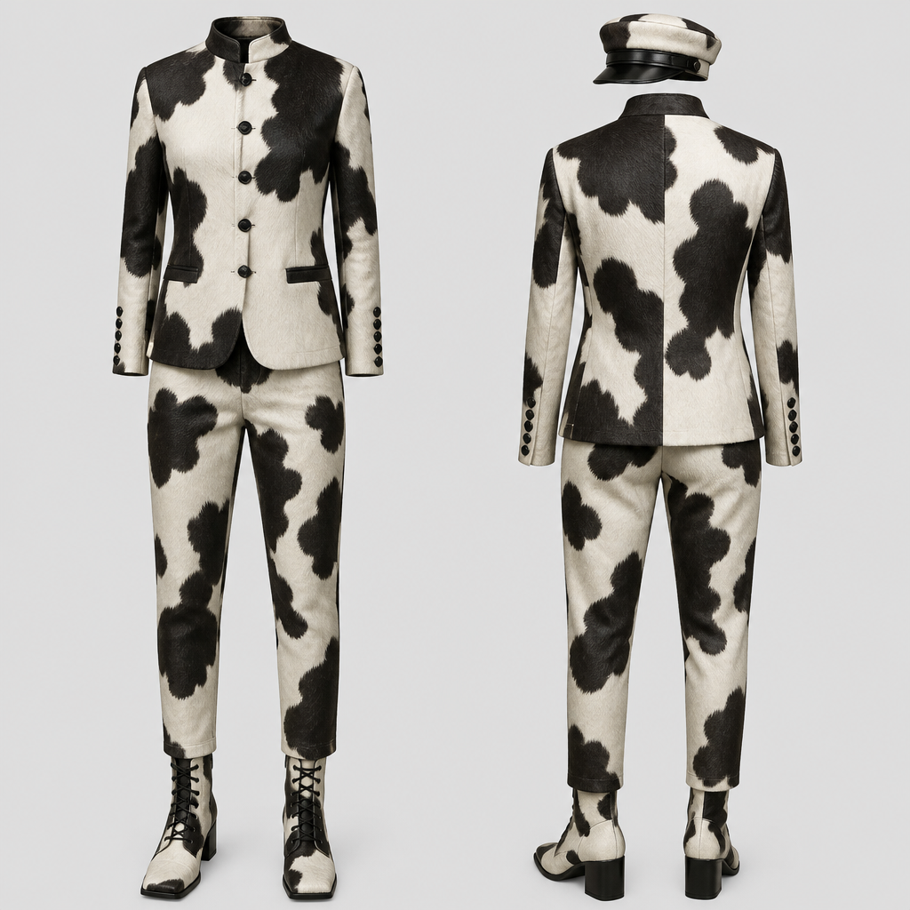 No model women cow hide black and white single breasted neru collar , 5 buttons on sleeve , also square toe lace up ankle boots in the same fabric with a captain hat
photorealistic fashion design, No model women cow hide black and white single breasted neru collar , 5 buttons on sleeve , also square toe lace up ankle boots in the same fabric with a captain hat , leather style, just the design no text, show front and back