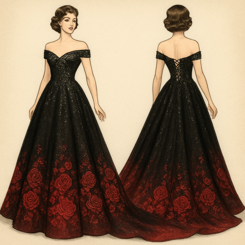 Glittery Black A-line off-the-shoulder sleeveless wedding dress with long royal train. Corset back, with embroidered sequin beading on the top. The bottom fades into red with embroidered red sequined roses.