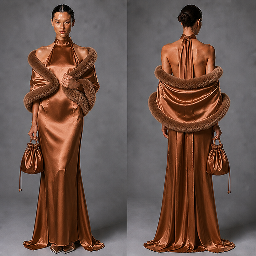 Change bag to a drawstring bag and make the dress cooper
edit the attached fashion design with these instructions: Change bag to a drawstring bag and make the dress cooper. keep it photorealistic, just the design no text